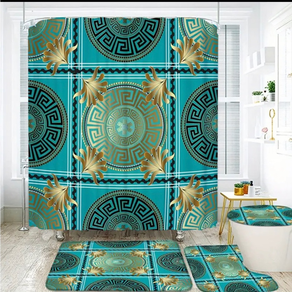 Geometric Shower Curtain with black and gold Pattern